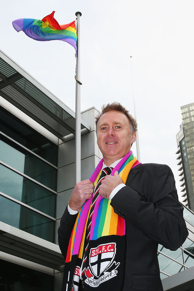 AFL 2016 Media - Pride Round Launch 090816 MELBOURNE, AUSTRALIA - AUGUST 09: St.Kilda Saints CEO Matt Finnis wears the Pride Game rainbow after raising the Pride Game rainbow flag at AFL house during an AFL media opportunity at Etihad Stadium on August 9, 2016 in Melbourne, Australia. St.Kilda Saints will play Sydney Swans in the Pride Game on the weekend. (Photo by Michael Dodge/Getty Images/AFL Media)
